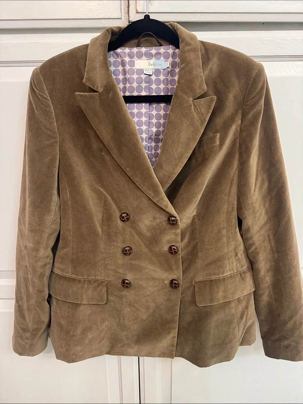 Boden Double-Breasted Velvet Blazer Jacket - Tan. Cotton. Size 12